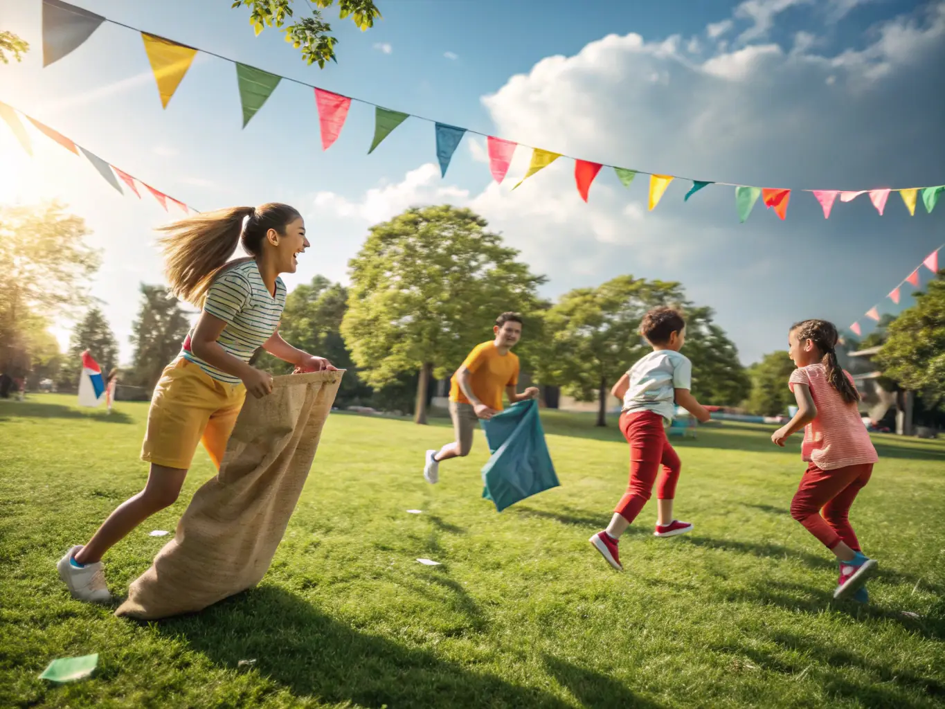 A photograph showing children and adults participating in a family-friendly sports day, highlighting intergenerational engagement and community spirit.