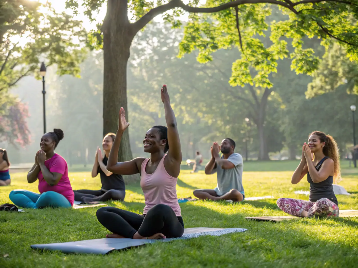A photograph capturing a diverse group of individuals participating in a gentle yoga session in a sunlit park, emphasizing inclusivity and relaxation.