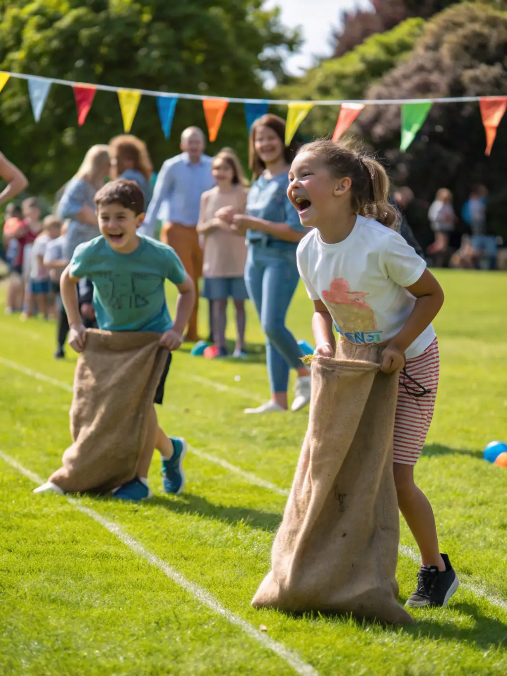 Children of various abilities playing inclusive sports games in a park, with adapted equipment and supportive coaches. The emphasis is on fun, participation, and social inclusion.