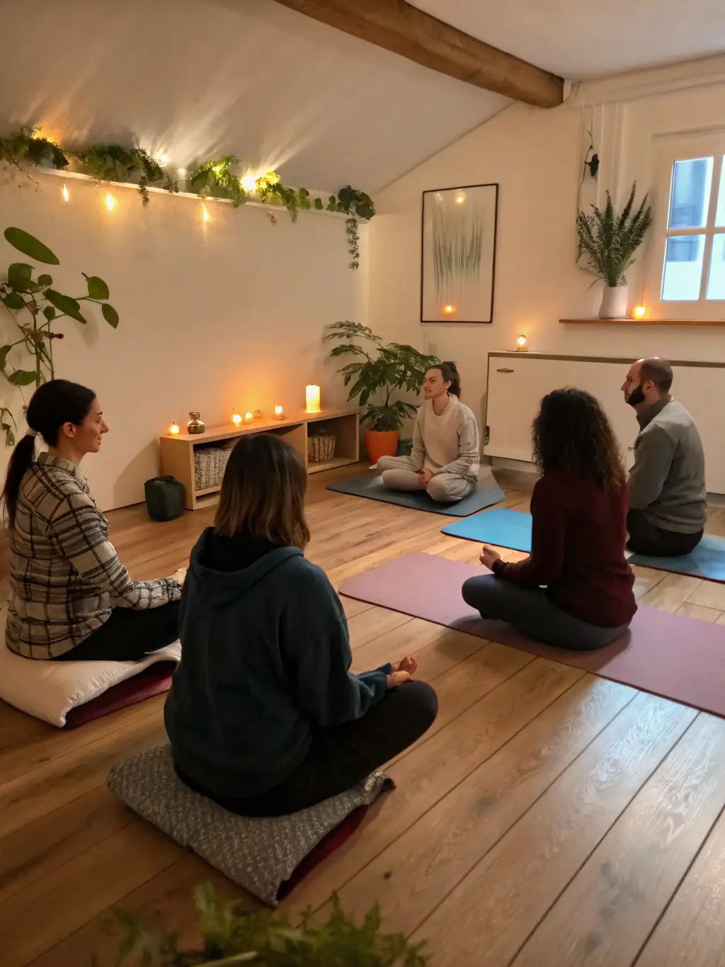 A diverse group of adults engaged in a mindfulness and meditation workshop, seated comfortably on cushions in a serene setting. The focus is on relaxation, stress reduction, and mental well-being.