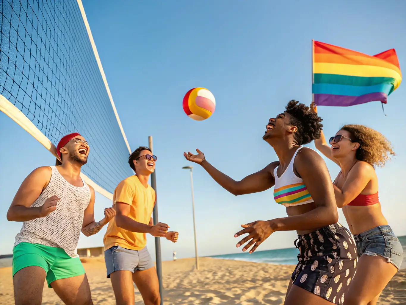 A diverse group of adults playing a friendly game of volleyball in a local park, emphasizing teamwork and fun.