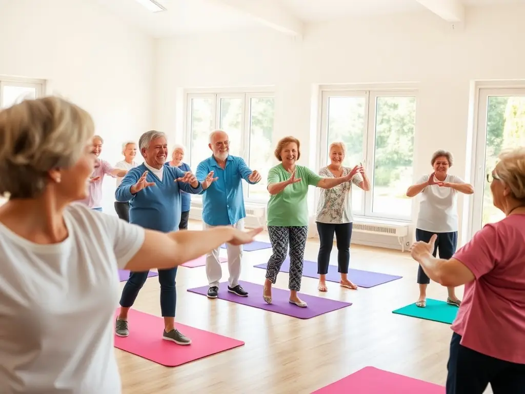 An image depicting a group of seniors engaging in a low-impact aerobics class, showcasing accessibility and promoting active aging.