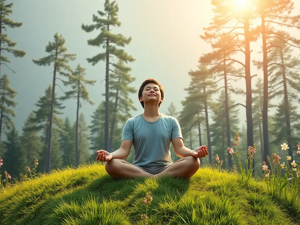 A person practicing mindfulness and meditation in a serene outdoor setting, promoting mental and emotional well-being.