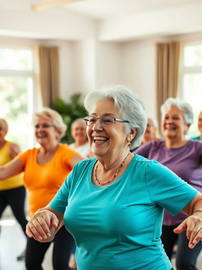 A person with limited mobility smiling while participating in a modified exercise class, emphasizing accessibility and inclusivity.