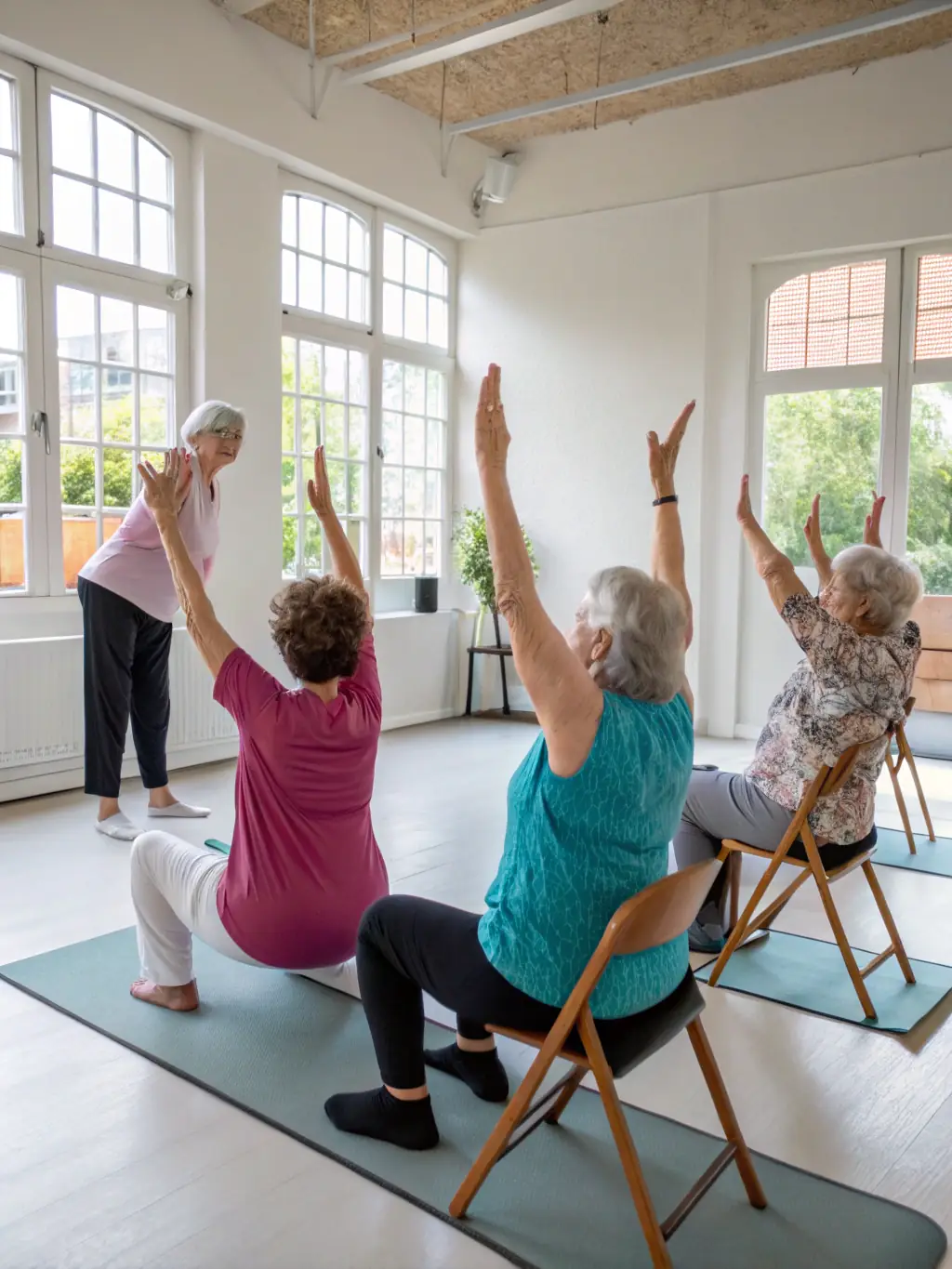 A group of seniors laughing and stretching during a chair yoga session in a sunny community center, promoting accessible fitness.
