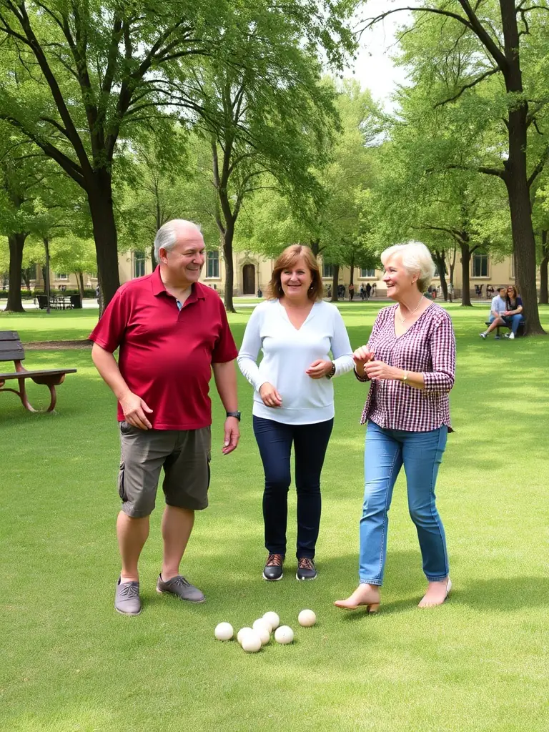 Diverse individuals engaging in a friendly game of pétanque in a park, showcasing social interaction and community spirit.
