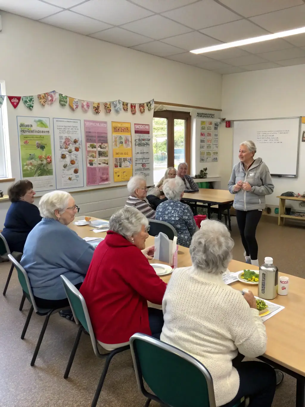 A group of seniors participating in a gentle stretching exercise class in a community center, with a qualified instructor guiding them. The atmosphere is relaxed and supportive, emphasizing accessibility and well-being.