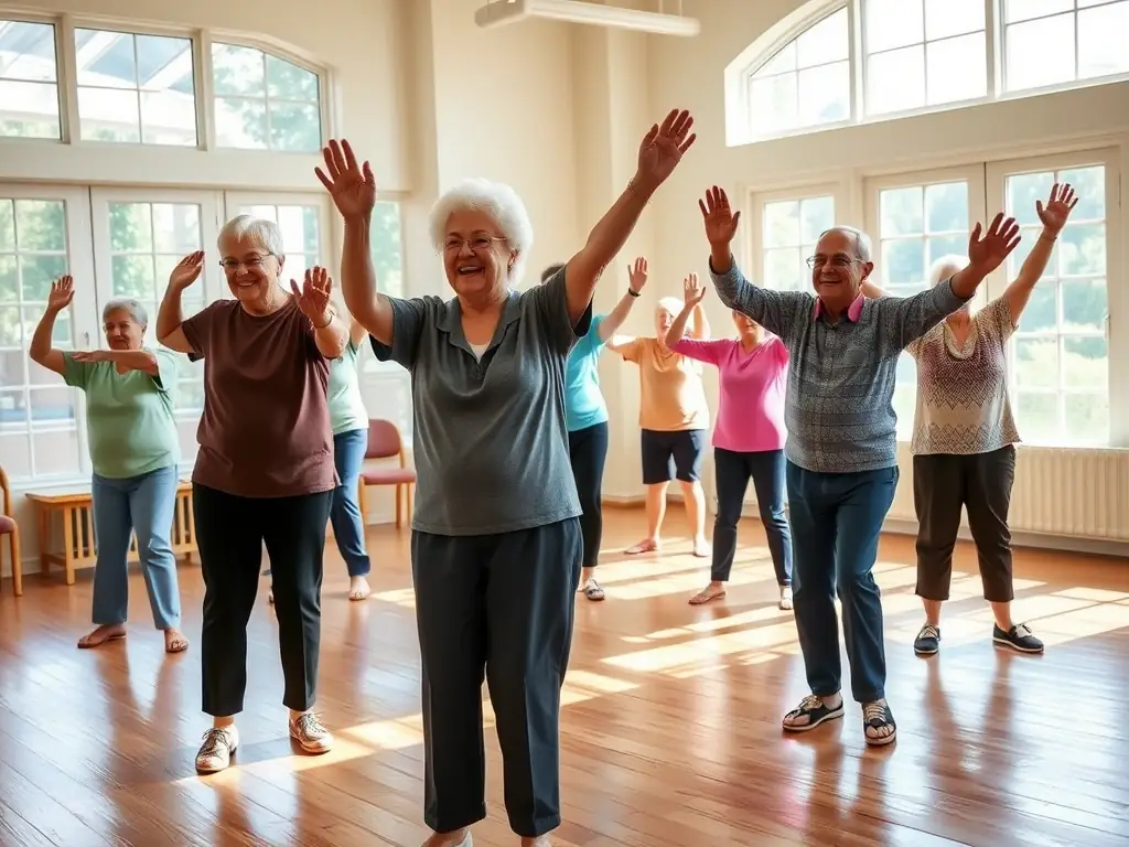 A group of seniors participating in a gentle stretching exercise class in a community center, focusing on relaxation and flexibility.