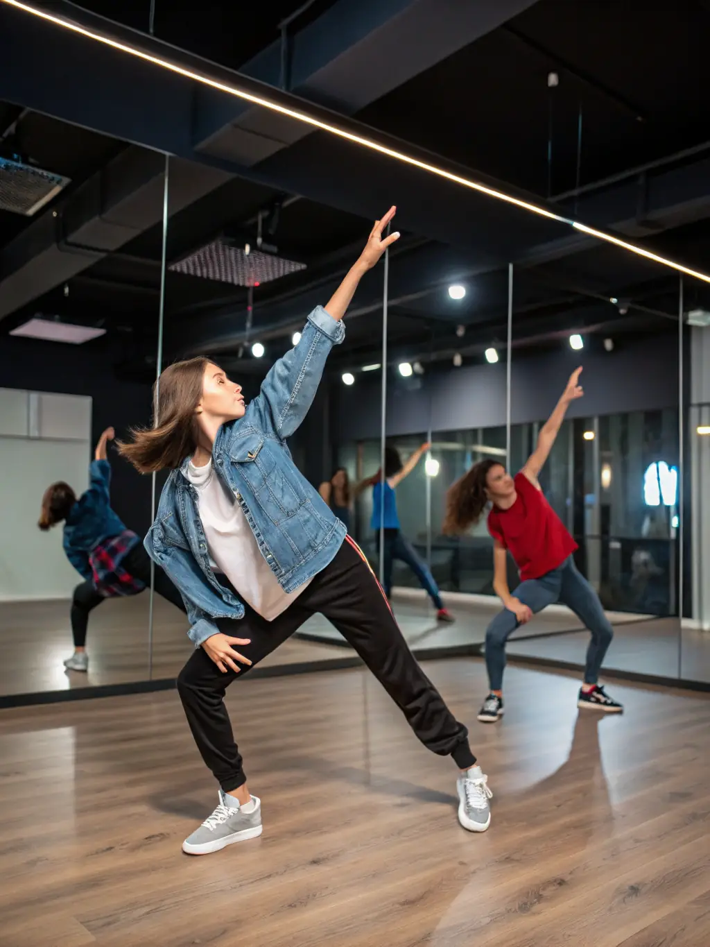 A group of young adults participating in a dance therapy session, moving freely to music in a studio setting. The focus is on emotional expression, stress relief, and creative movement.